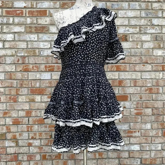 Love Sam Floral One Shoulder Ruffle Tiered Mini Dress Medium Fairygoth Gypsy - Picture 2 of 16